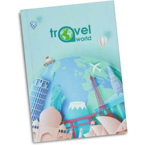 A notebook featuring a light blue cover with a globe design, landmarks, and a logo. It has a travel theme.