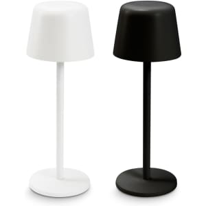 Rechargeable table lamps in white and black, featuring a simple, modern design with a round base.
