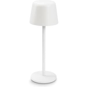A white rechargeable table lamp with a rounded shade and a slim base. It features a minimalistic design and a logo.