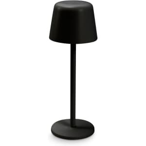 A black rechargeable table lamp with a rounded shade and a slim base. It features a sleek, modern design.