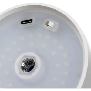 A white rechargeable table lamp base with a USB-C port and an on/off switch. Features multiple LED lights.
