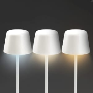 A set of three white rechargeable table lamps with varying light tones on slender transparent bases.