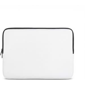 A small laptop sleeve in white with a black zipper and trim. It features a logo.