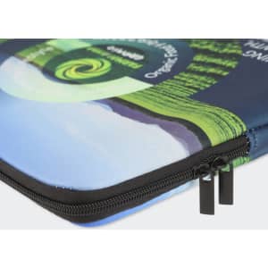 A small, full colour laptop sleeve with a blue and green design and a black zipper. Features a logo.