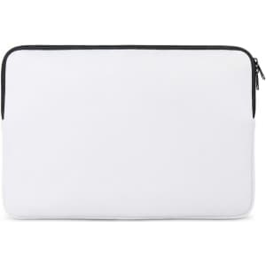 A white laptop sleeve with a black zip and a simple, sleek design. It features a logo on the surface.