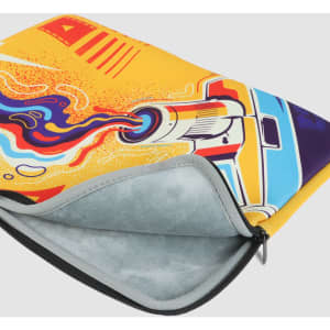 A medium laptop sleeve featuring vibrant artwork in yellow, blue, and orange with a logo on the surface.