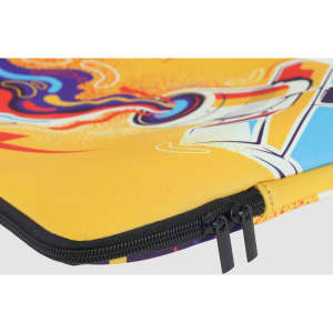 A yellow laptop sleeve featuring vibrant, abstract patterns and a black zipper. It has a decorative design with multiple colours.
