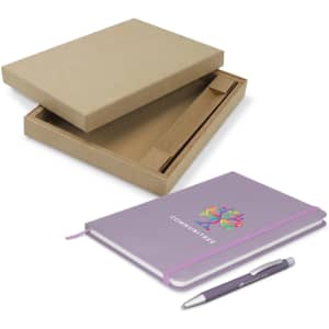 A purple notebook with an elastic closure and a matching pen, showcased in a brown cardboard gift box.