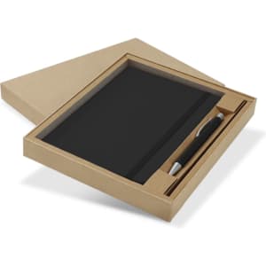 A black notebook and pen gift set presented in a kraft cardboard box with a logo.