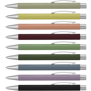 A collection of ten stylish pens in various muted colours with silver accents and clip mechanisms.