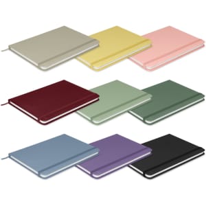 A set of notebooks in various colours, including beige, yellow, pink, burgundy, green, blue, purple, and black, with a sleek design.