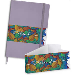 A purple notebook with a colourful leaf-patterned band and a matching pen gift set. The set includes a box.