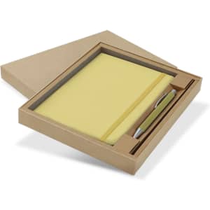 A gift set featuring a yellow notebook and a silver pen, presented in a cardboard box.
