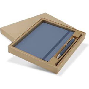 A blue notebook and pen set, presented in a brown kraft box. The set includes a matching pen.