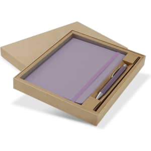 A purple notebook and pen set packaged in a brown box, featuring a simple design and a logo.