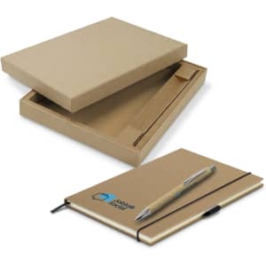 A Kraft notebook with a matching pen inside a kraft box. The notebook features a logo on the cover.