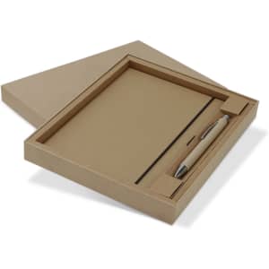 A kraft notebook and pen gift set in a cardboard box. The pen is beige and the notebook has a simple, natural finish.