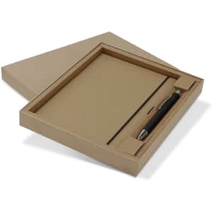 A Kraft notebook and black pen set in a beige box with a lid. The interior features a slot for the pen.