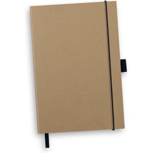 A kraft notebook with a black elastic closure and a ribbon bookmark. It features a logo on the cover.
