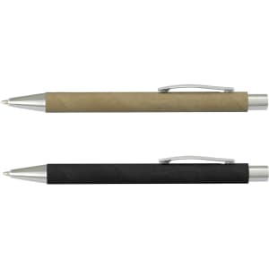 Two pens are displayed: one with a kraft paper finish and silver accents, and the other in solid black with silver accents.