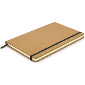 A brown cork notebook with a black elastic band, featuring a cream-coloured inner page.