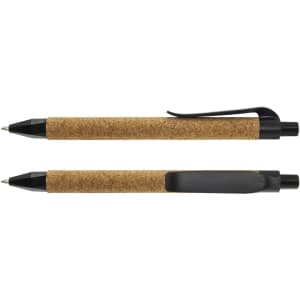 A set of two black ballpoint pens with cork grips. Each pen features a clip and a minimalist design.