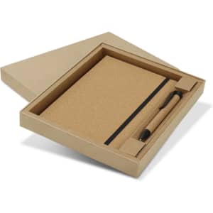 A Somerset notebook and pen gift set in a kraft box, featuring a natural cork notebook and a black pen.