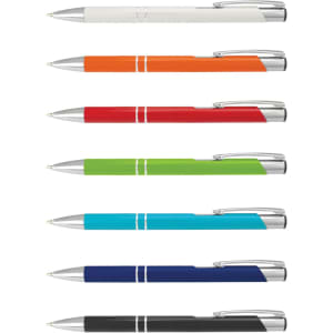 A collection of seven pens in various colours: white, orange, red, green, turquoise, blue, and black, with silver accents.