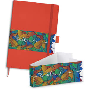 A vibrant orange notebook with a patterned band and a matching colourful pen holder. Includes colourful leaf designs.