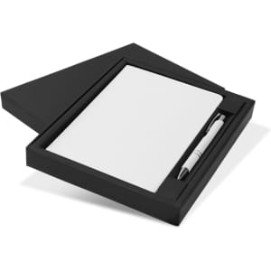 A black gift set featuring a white notebook and a pen, presented in a matching black box.