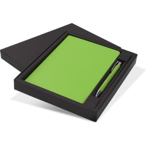 A green notebook and pen gift set in a black box. The notebook features a smooth cover with a matching pen.
