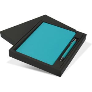 A teal notebook and pen gift set in a black box, featuring a smooth finish and stylish design.