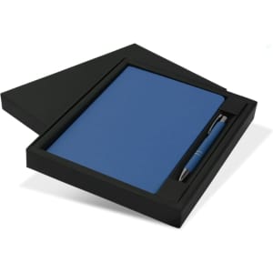 A blue notebook and blue pen set inside a black gift box, featuring a simple design and a logo.