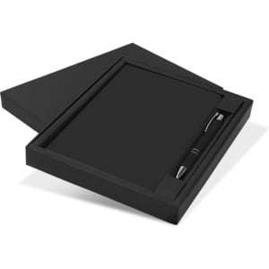 A black gift set featuring a notebook and a pen, presented in a matching black box with a logo.