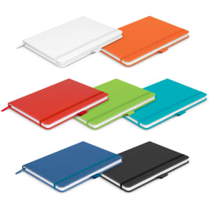 A notebook gift set featuring various colours: white, orange, red, green, blue, turquoise, and black, with a logo.