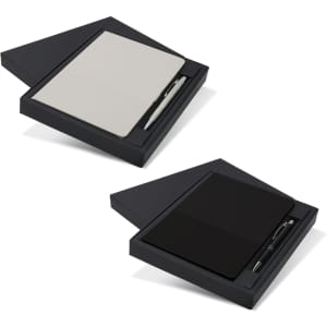 A gift set featuring a black notebook and pen, presented in a sleek black box with a minimalist design.