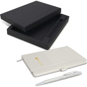 A gift set featuring a cream notebook and pen, presented in a black box.