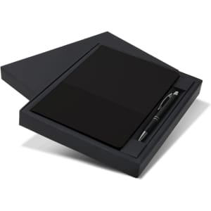 A black notebook and pen set presented in a matching black gift box featuring a logo.