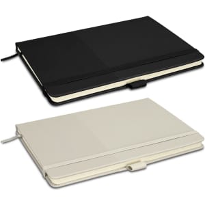 A notebook gift set featuring a black notebook and a cream-coloured notebook, both with a logo and an elastic band closure.