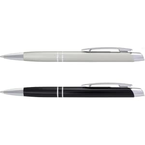 A pen set featuring a sleek, silver pen and a classic black pen, both with silver accents and clips.