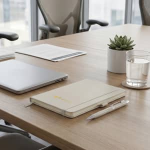 A tan notebook and a cream pen on a wooden table, accompanied by a laptop, a glass of water, and a small plant.