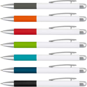 A selection of eight pens in various colours, featuring white bodies and silver accents.
