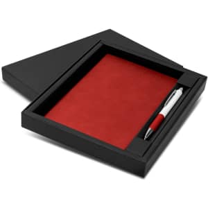 A black gift box containing a red notebook and a white and red pen, neatly arranged.