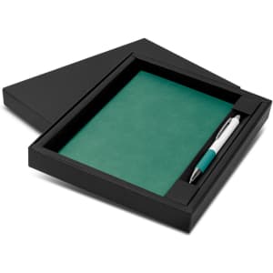 A green notebook with a matching pen, packaged in a black gift box.