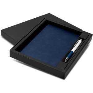 A black gift box containing a navy notebook and a silver and blue pen, featuring a logo.