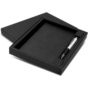 A black notebook and pen set displayed in a rectangular box, featuring a simple design and a logo.