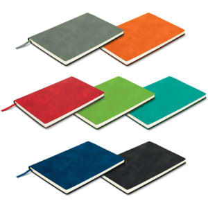 A set of notebooks in green, orange, blue, red, black, and teal. Each notebook is accompanied by a pen.
