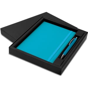 A teal notebook and pen set displayed in a black gift box, featuring a simple design and a logo.