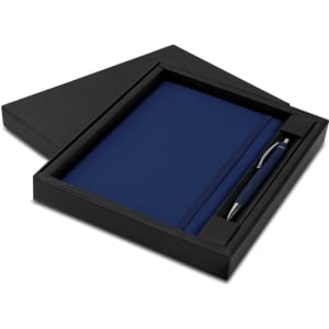 A navy blue notebook and pen set displayed in a sleek black gift box. The box features a simple design and contains a logo.