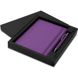 A purple notebook and pen set displayed in a black gift box, featuring a logo on the pen.